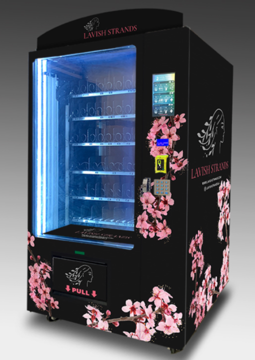 A sleek beauty vending machine for sale, showcasing skincare and makeup products.