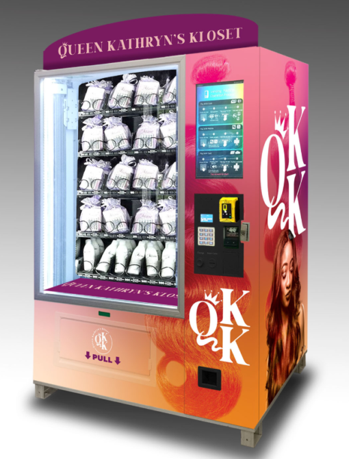 A sleek beauty vending machine for sale, showcasing skincare and makeup products.