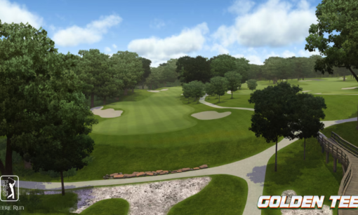 Golden Tee Golf Arcade Game Machine in action with realistic graphics