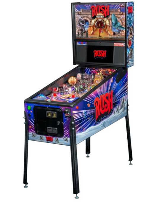 Side view of the Rush Pinball Machine for sale, showcasing its sleek design and retro styling