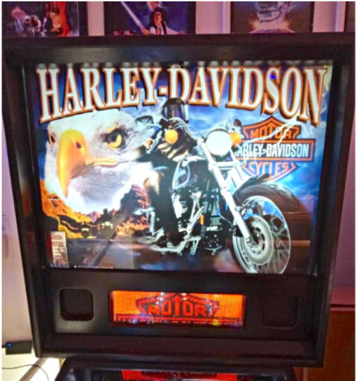 Classic Harley Davidson Pinball Machine with vibrant artwork and gameplay.